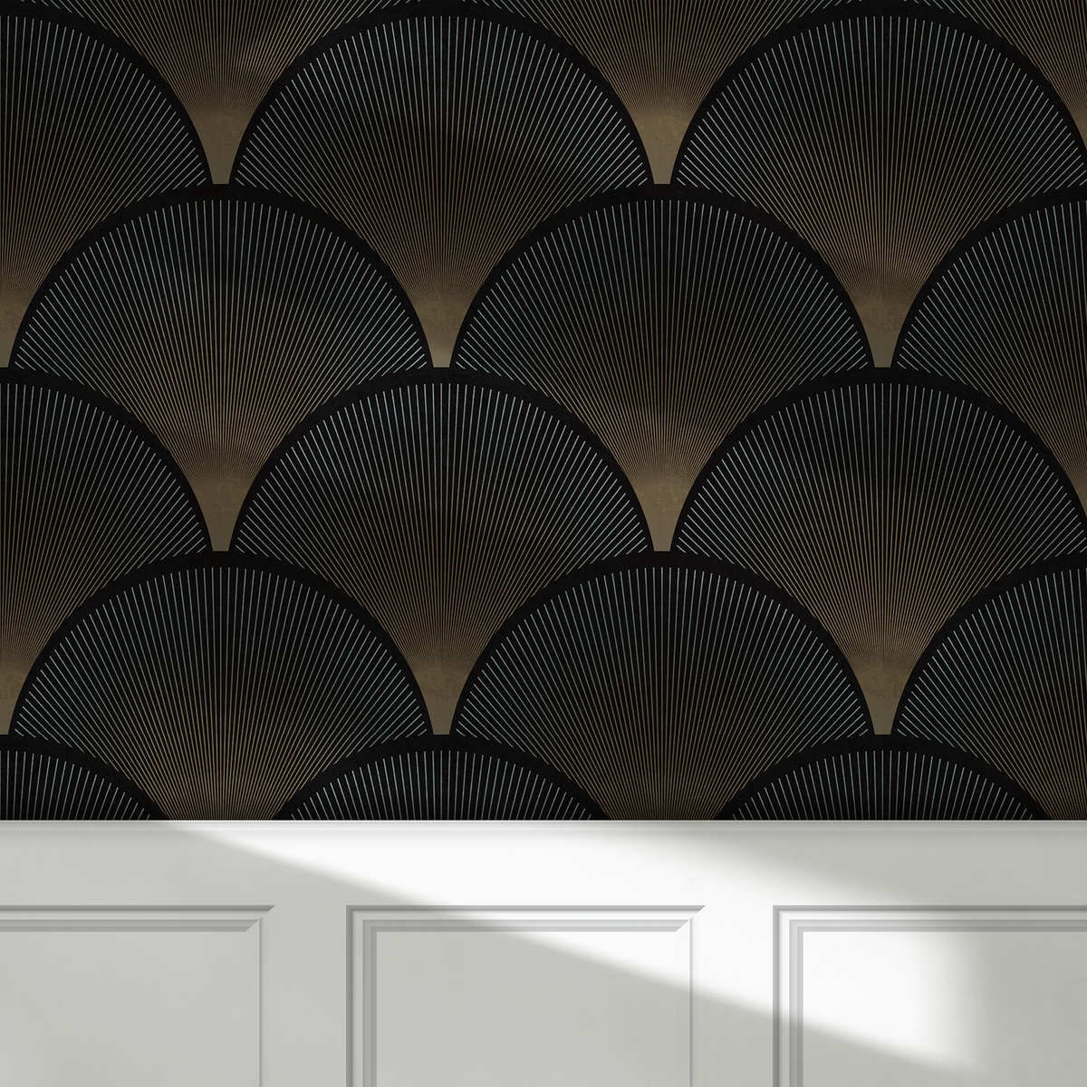 Deco After Dark black Art Deco peel and stick wallpaper with bronze fan pattern above white wall molding