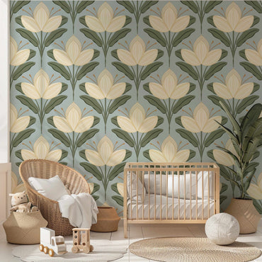 Deco Magnolias Peel and Stick Wallpaper - Floral, Botanical, Art Deco