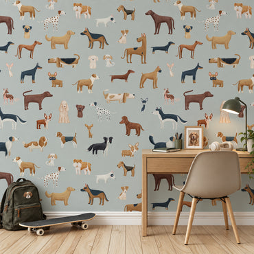 Blue Dog Breeds peel and stick wallpaper styled in a room
