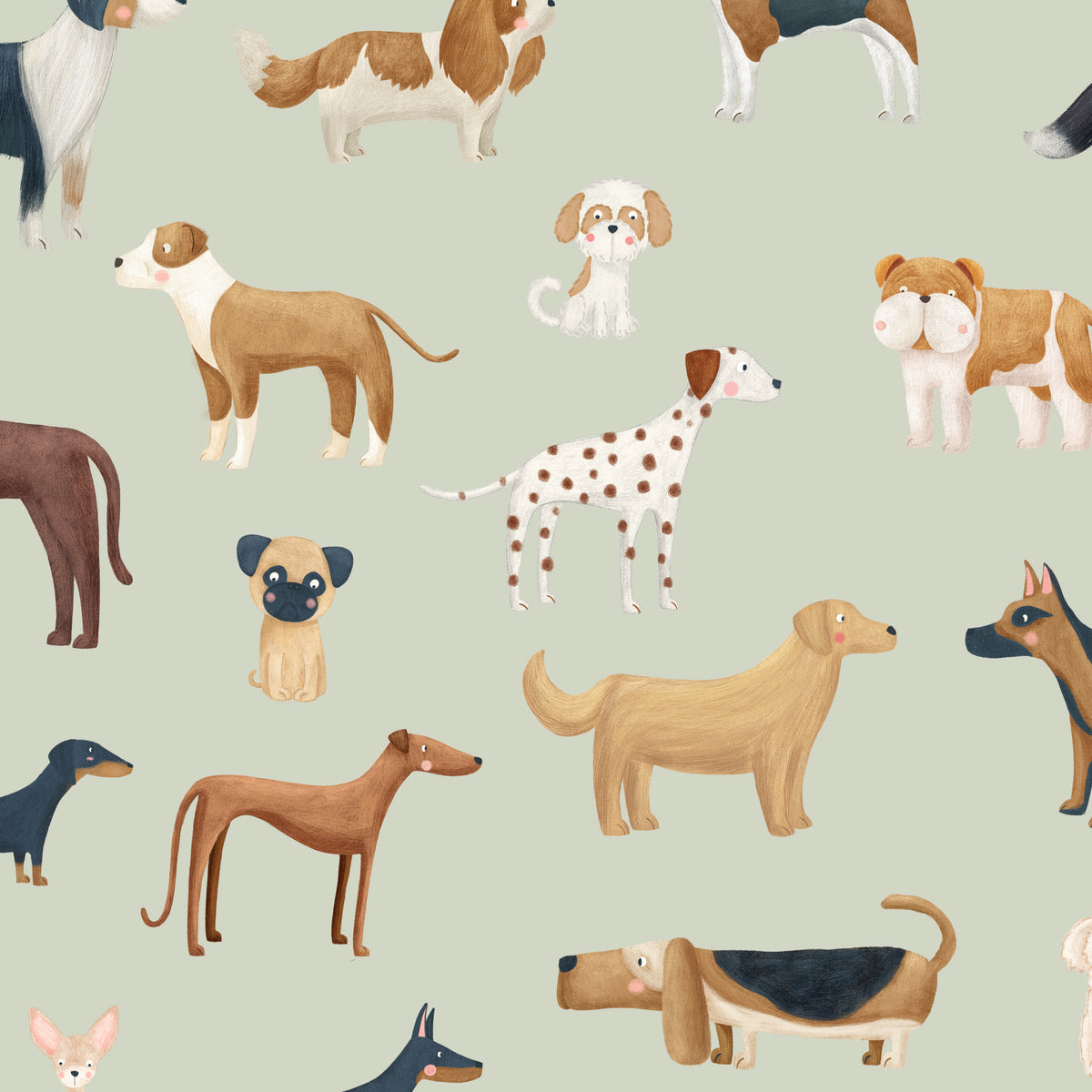 Watercolor dog breed wallpaper pattern in Sage