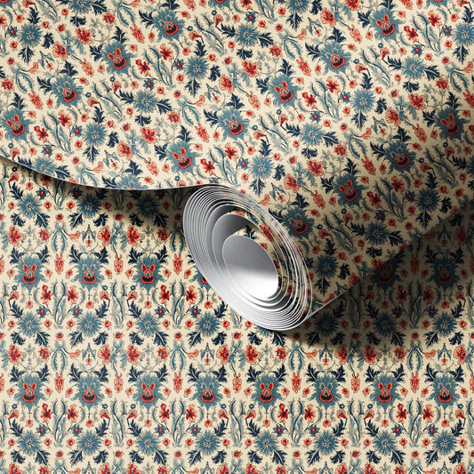 Exotic Red and Blue Flowers Red & Blue peel and stick wallpaper room mockup