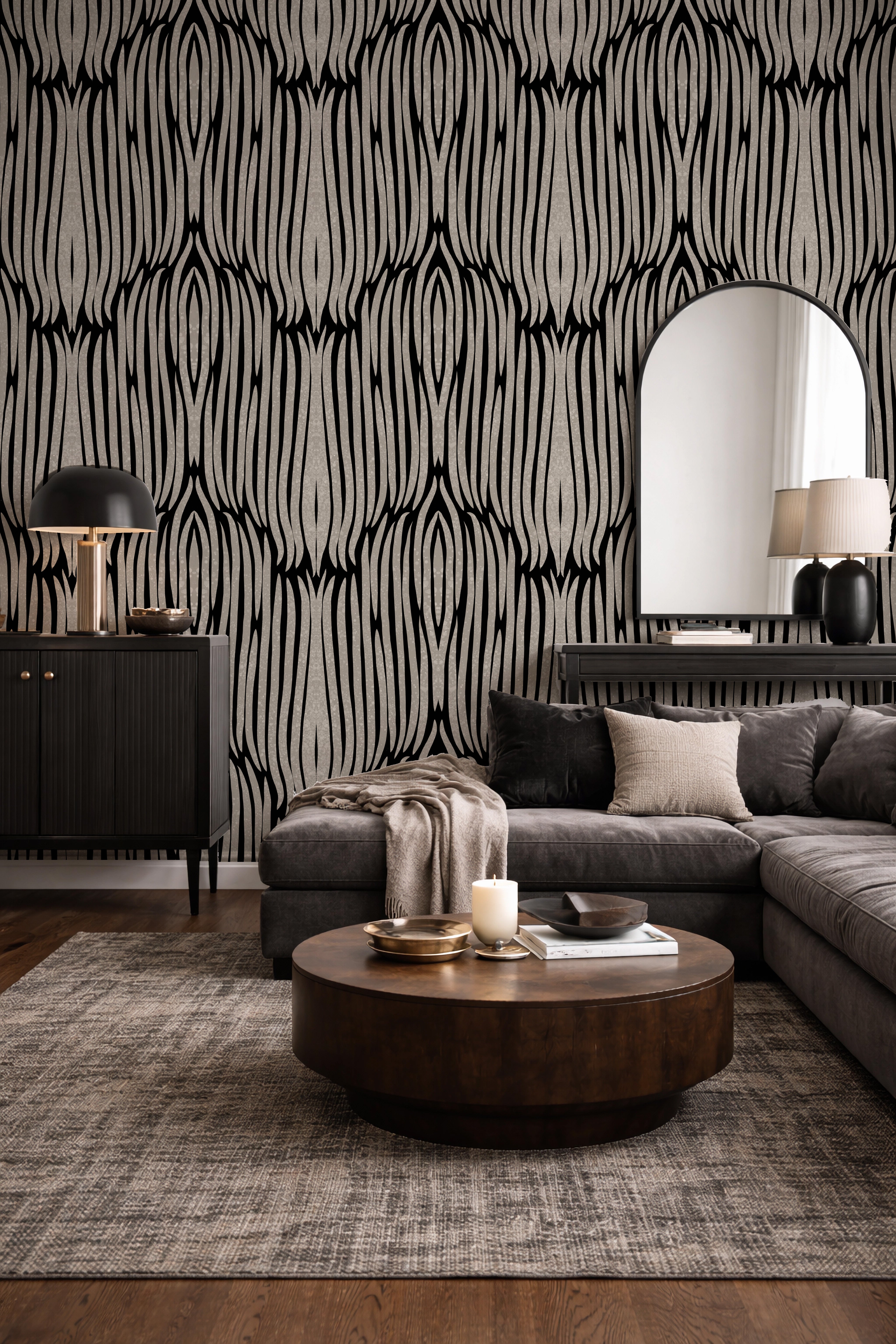 Living room with patterned wallpaper, gray sofa, and wooden coffee table.