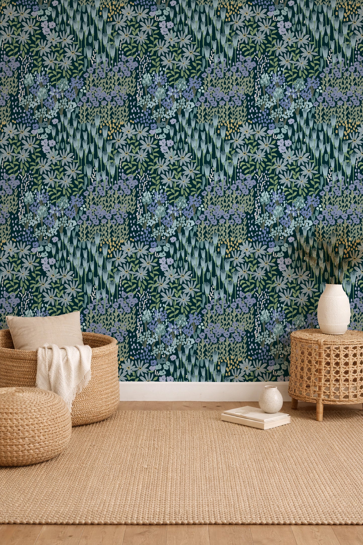 Flower Farm Blue peel and stick wallpaper room mockup