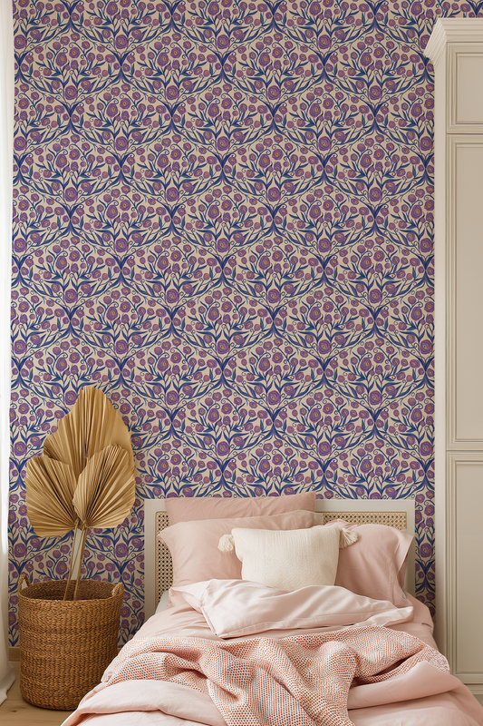 Bedroom with floral patterned wallpaper and pink bedding