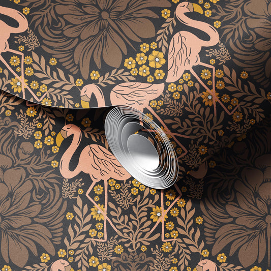 Flamingo Garden Dark Brown peel and stick wallpaper room mockup