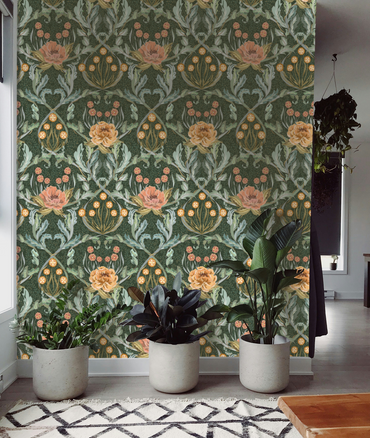 Floral Heritage Morris Golden Forest peel and stick wallpaper room mockup