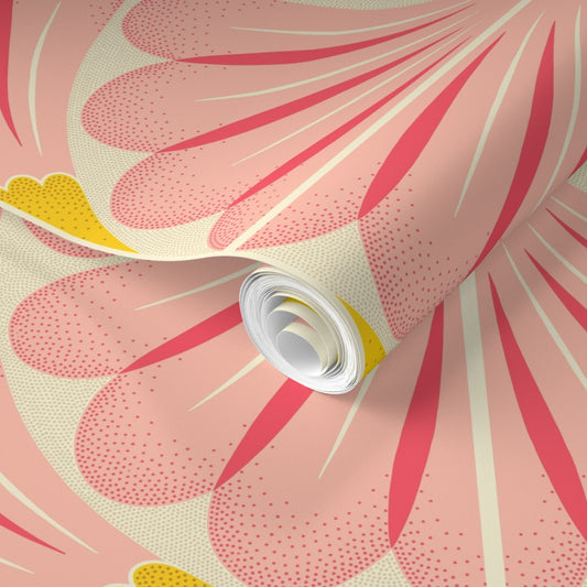 Roll of wallpaper with pink floral design on a matching pink background