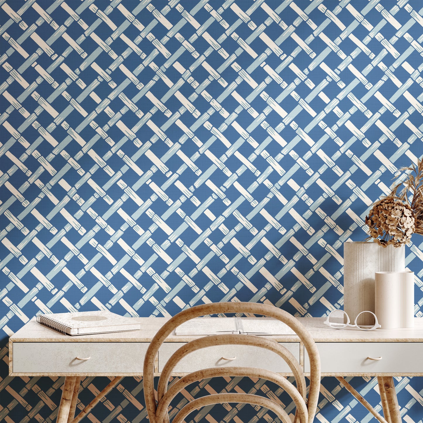 Garden Trellis Delft Blue and Cream Wallpaper