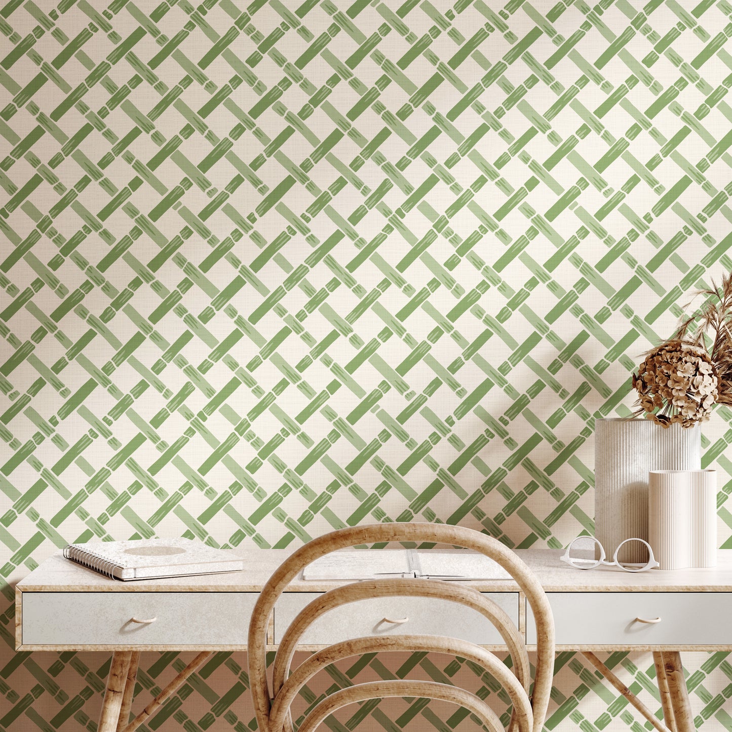 Garden Trellis Green and Cream Wallpaper