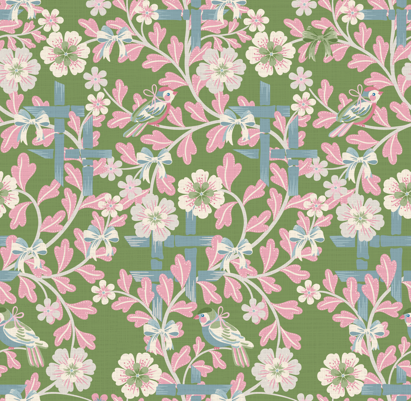 Hidden Birds Pink and Green Wallpaper