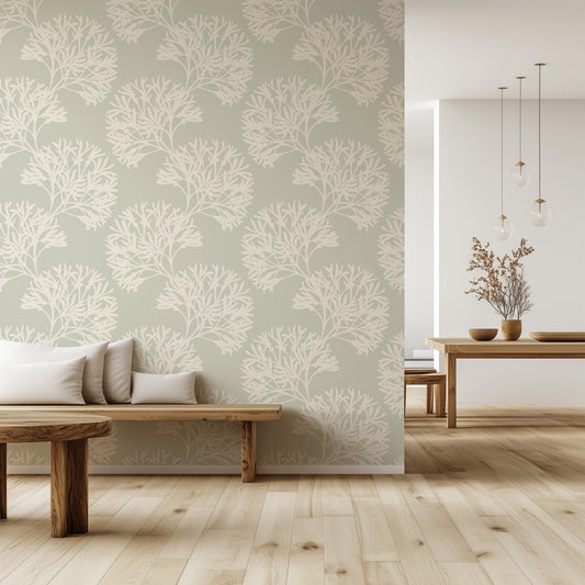 Modern living room with light-colored wall, wooden bench, and dining table.