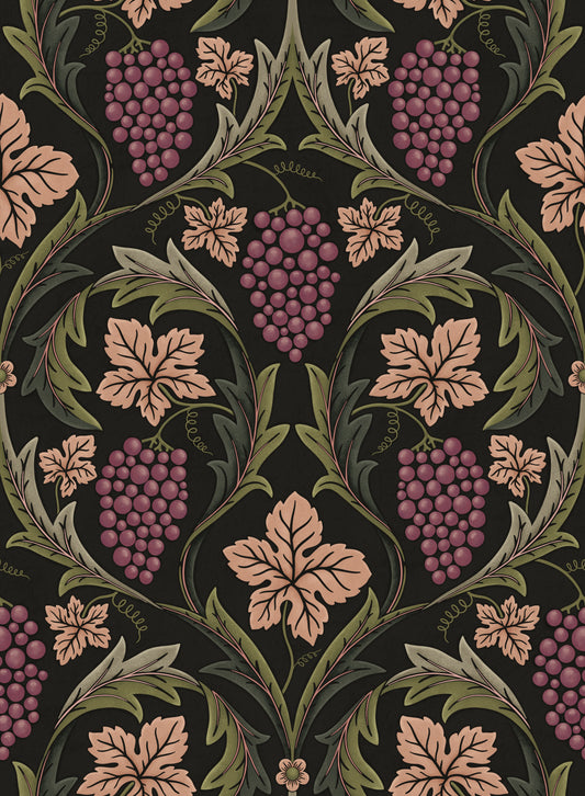 Decorative pattern with purple grapes and green leaves on a black background