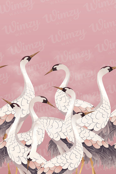 Illustration of cranes on a pink background with 'Wimzy' branding.