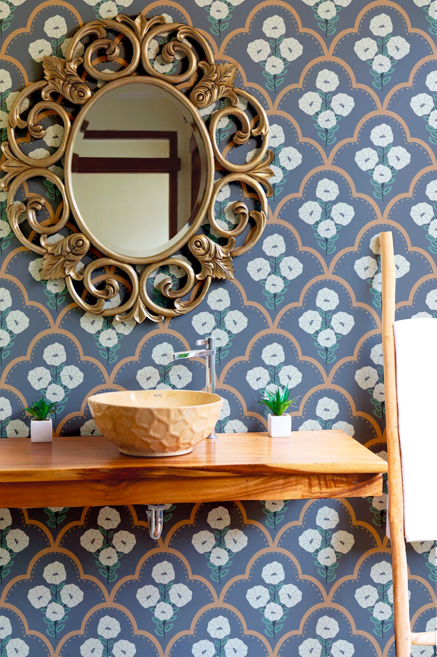 Mallow Bindweed Blue and Beige Wallpaper