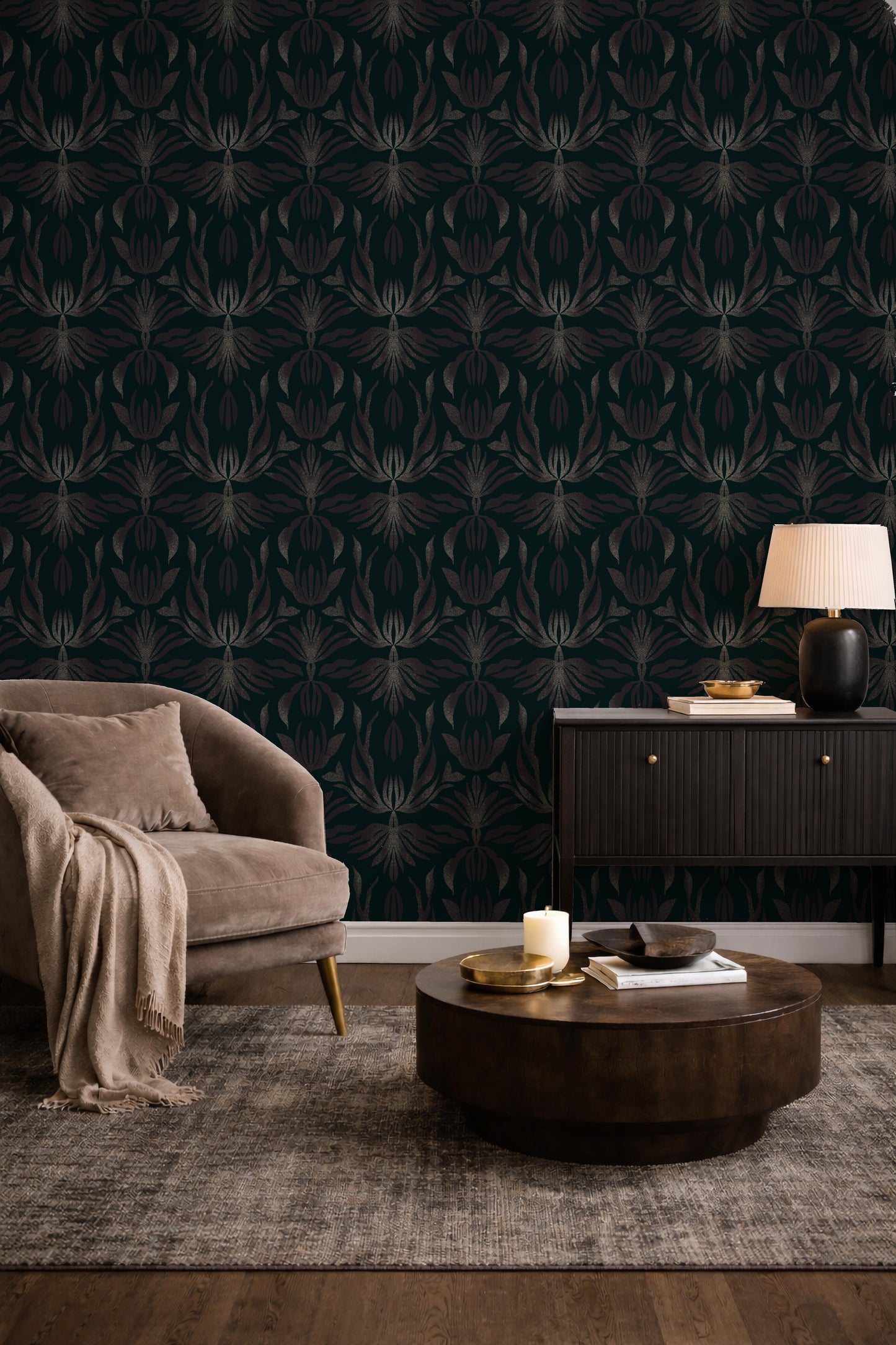 Living room with dark patterned wallpaper, brown armchair, and wooden coffee table.