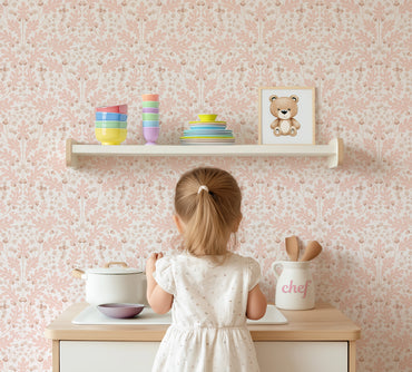 Large Scale Heritage Oak & Acorn Ogee Blush peel and stick wallpaper room mockup