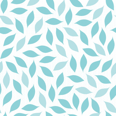 Scattered leaves wallpaper in blue shades with a while background.