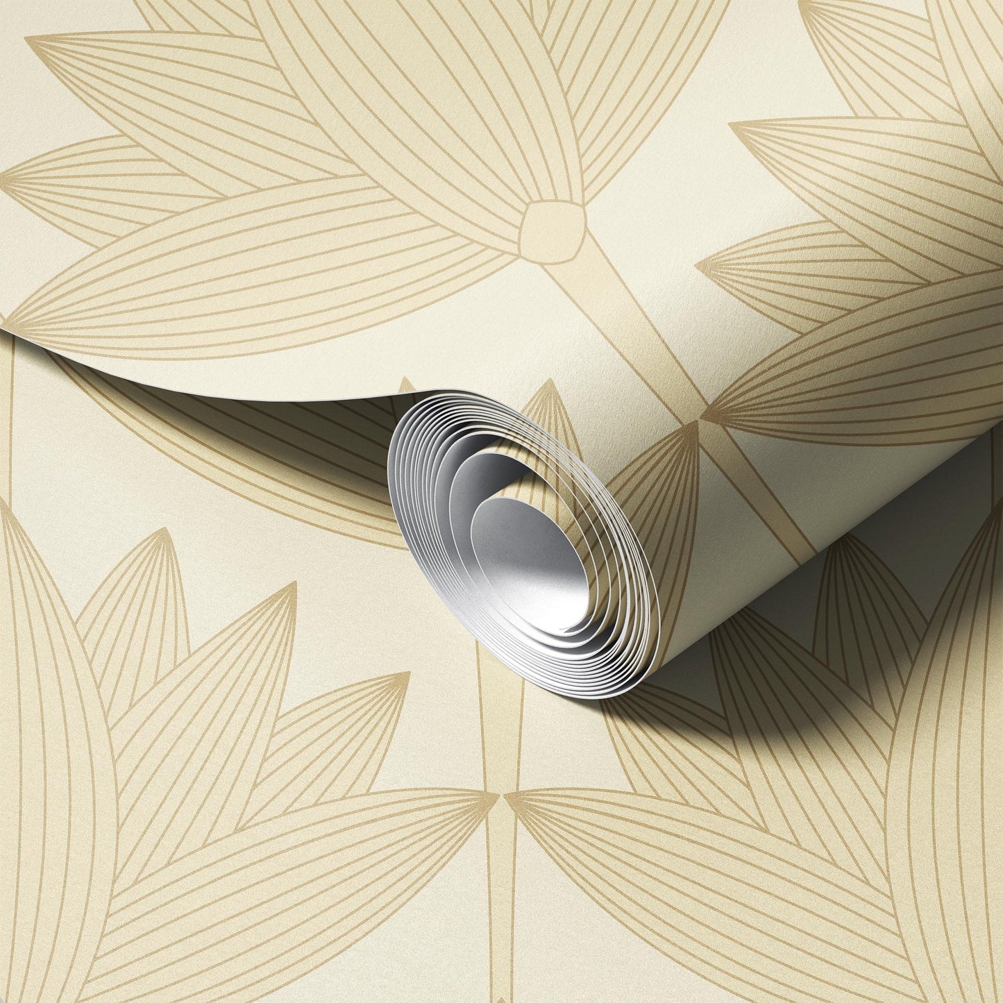 Lotus Art Deco Cream peel and stick wallpaper room mockup