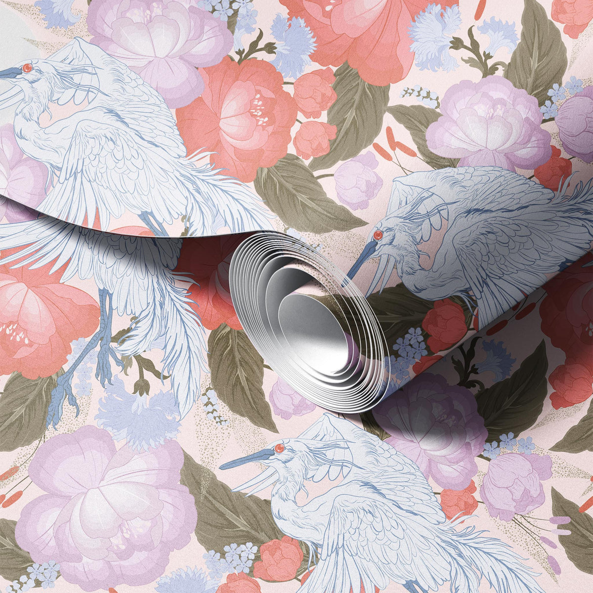Magestic Cranes peel and stick wallpaper room mockup