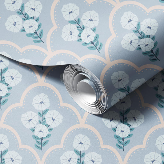 Mallow Bindweed Light Blue peel and stick wallpaper room mockup