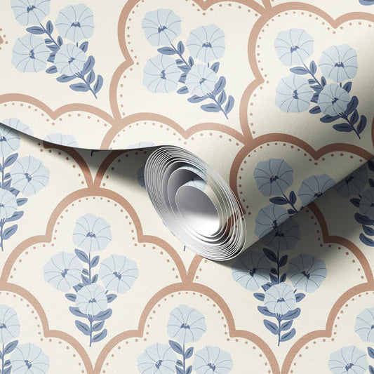 Mallow Bindweed Light Cream peel and stick wallpaper room mockup