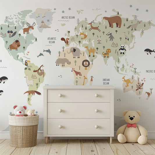 World Map with Animals Peel and Stick Wall Mural - Animals, Nursery, Illustration