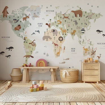 World Map with Animals Peel and Stick Wall Mural - Animals, Nursery, Illustration