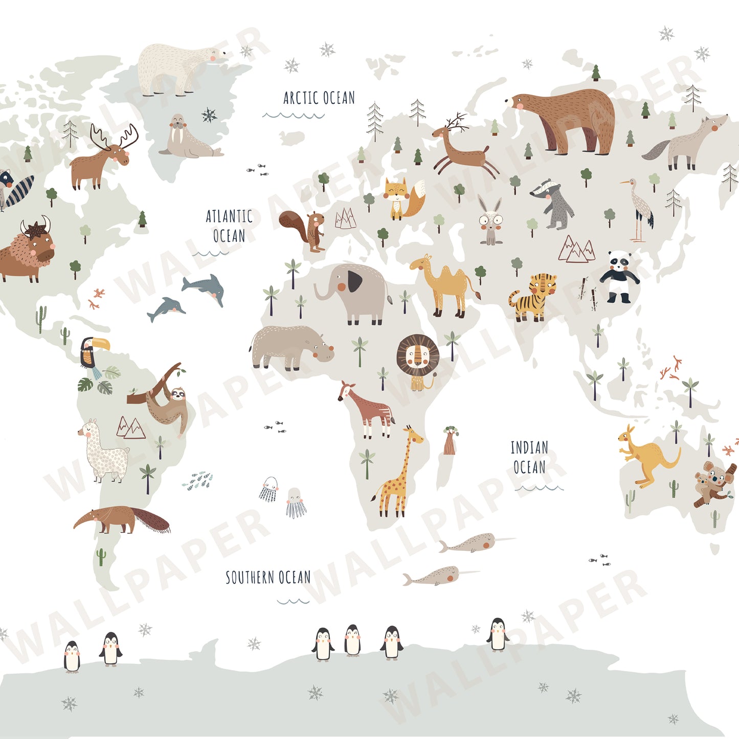 World Map with Animals Peel and Stick Wall Mural - Animals, Nursery, Illustration