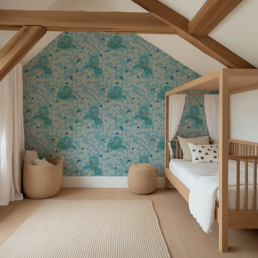 Bedroom with floral wallpaper, wooden bed, and decorative elements.