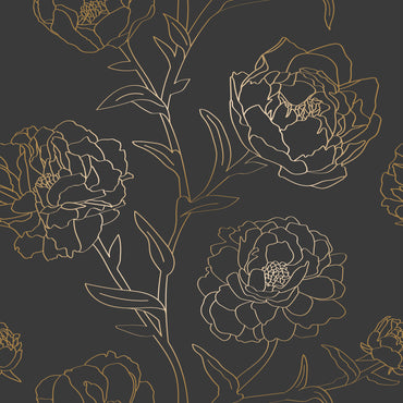 Decorative pattern of gold floral outlines on a dark background