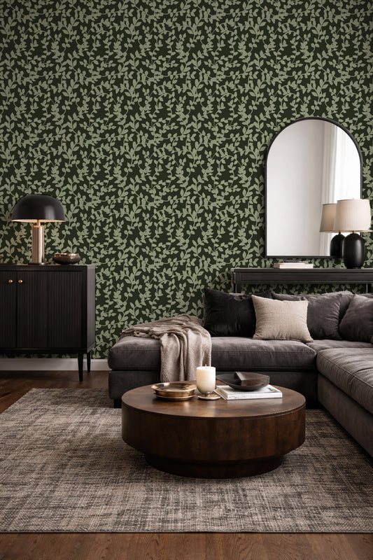 Oil Painted Foliage Green peel and stick wallpaper room mockup
