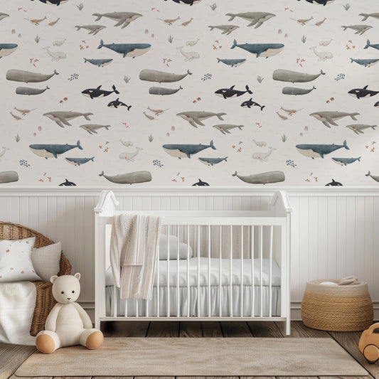 Ocean Whales Peel and Stick Wallpaper - Coastal, Animals, Ocean