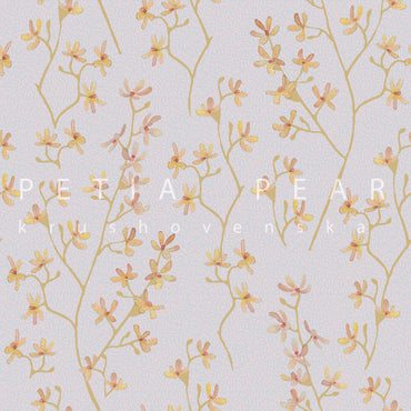 Wallpaper with floral pattern and text on a light blue background