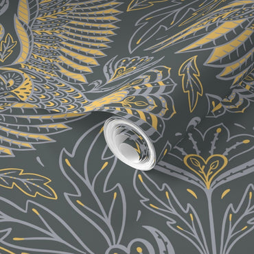 Decorative wallpaper roll with feather pattern.