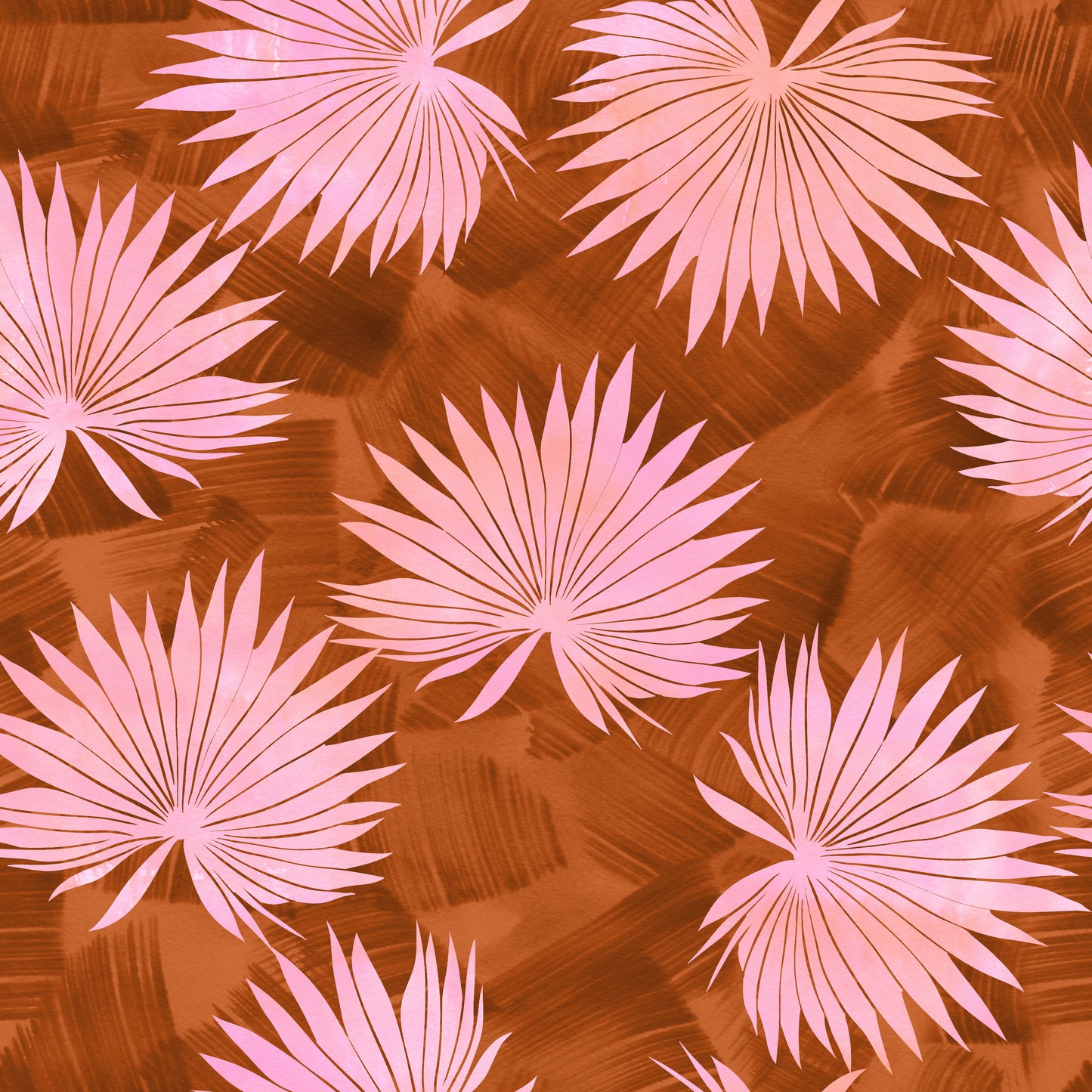 Pattern of pink palm leaves on a brown background