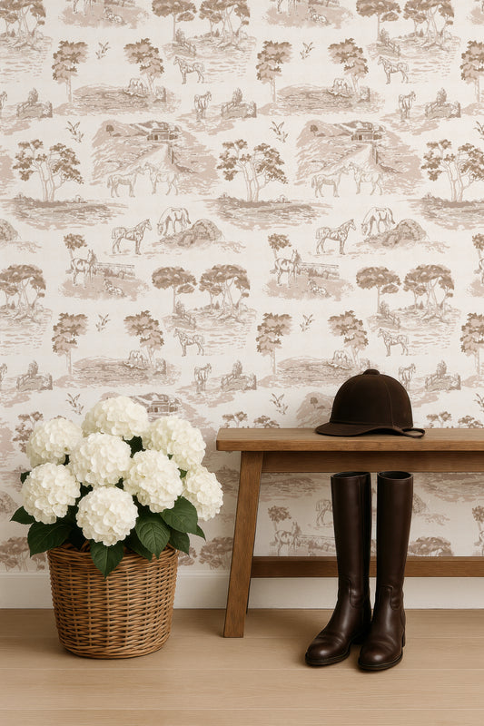 Pastoral Horses Equine Toile Bronze peel and stick wallpaper room mockup