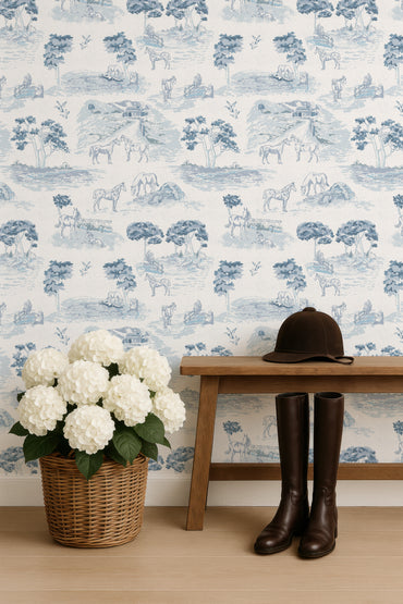 Pastoral Horses Equine Toile French Gray peel and stick wallpaper room mockup