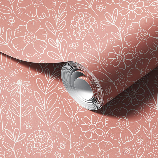 Peach Beige Meadow peel and stick wallpaper room mockup
