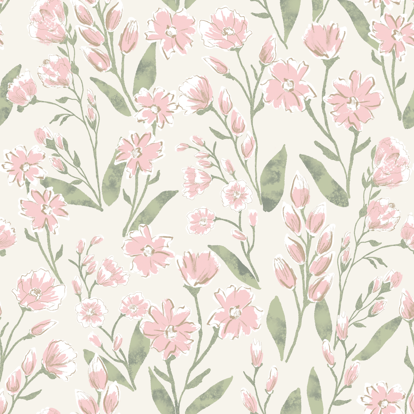 Floral pattern with pink flowers and green leaves on a light background