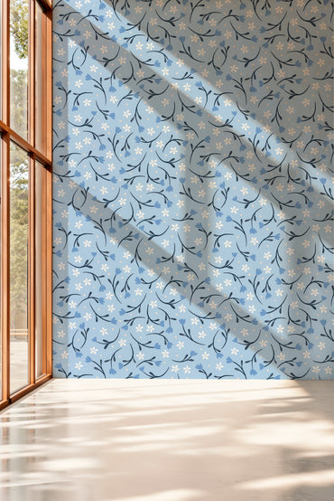 Petite Flowers Blue peel and stick wallpaper room mockup