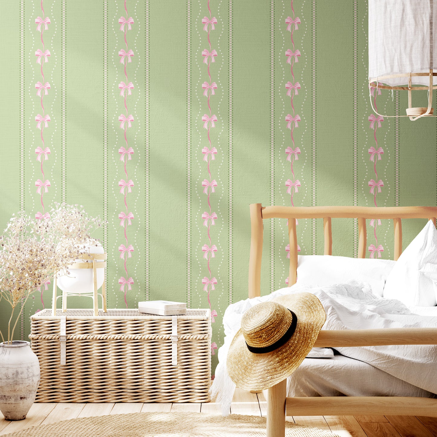 Preppy Bows in Green and Pink Wallpaper