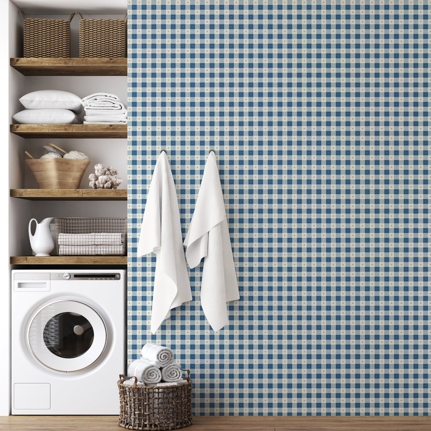 Preppy Gingham with Dots - Delft Blue and Cream Wallpaper