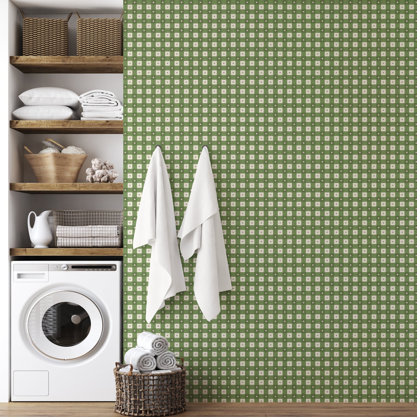 Preppy Gingham with Dots - Green, Pink and Cream Wallpaper