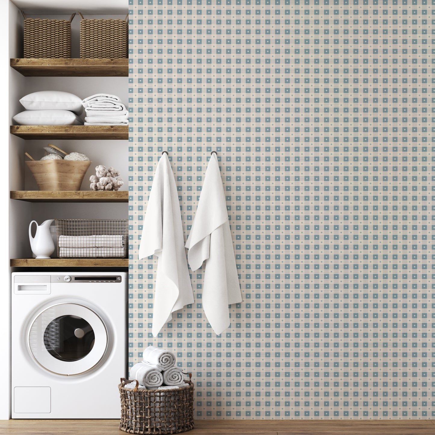 Preppy Gingham with Dots - Light Blue and Cream Wallpaper