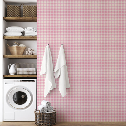 Preppy Gingham with Dots - Light Pink and Cream Wallpaper