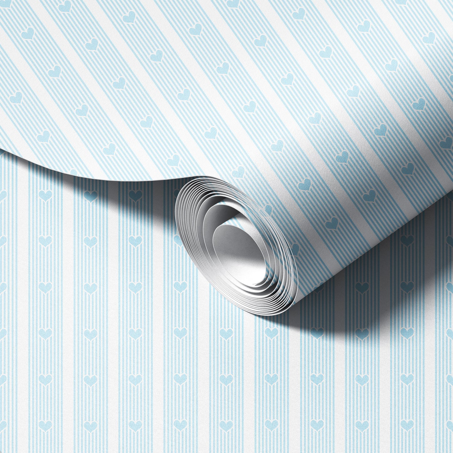 A roll of wallpaper with a striped pattern featuring hearts in light blue on a white background.