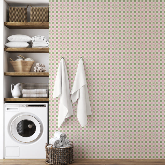 Preppy Gingham with Dots - Light Green, Pink and Cream Wallpaper