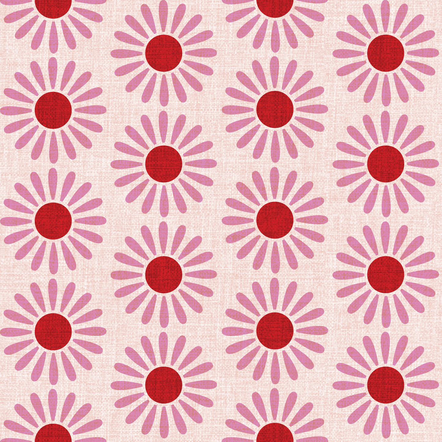 Pattern of pink flowers with red centers on a beige background