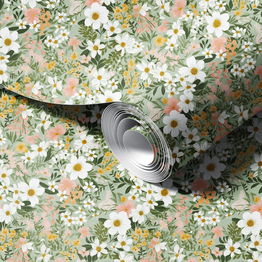 Sage Daisy Garden peel and stick wallpaper room mockup