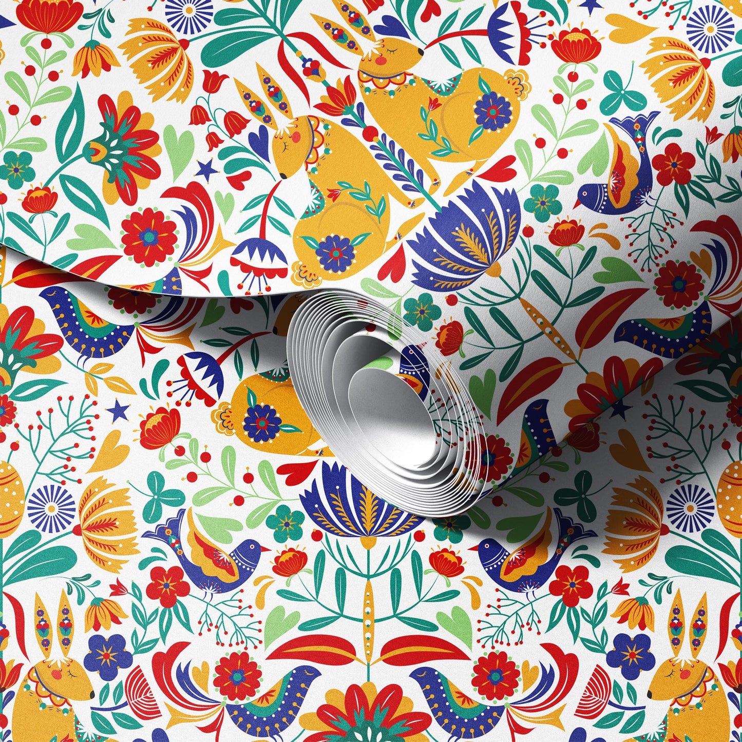Scandinavian Rabbit Garden White Wallpaper